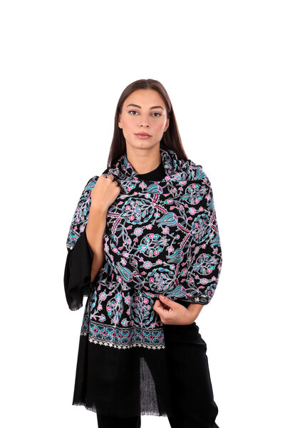 Bursa İpek Black Turquoise Tulip Pattern Embroidered Wool Shawl
