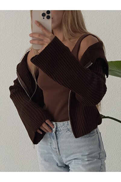 pelish Плетен кардиган с двойна ципа и висока яка