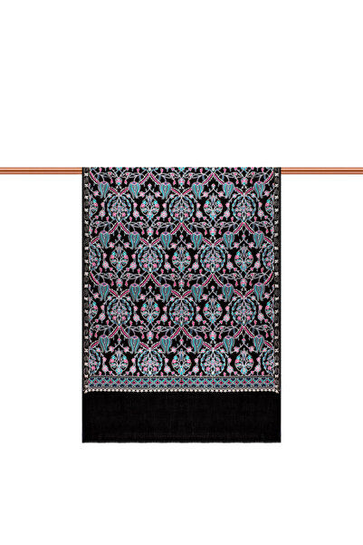 Bursa İpek Siyah Turkuaz Lale Desen İşlemeli Yün Şal