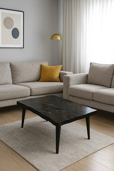 Azra Mobilya Modern Kavisli Orta Sehpa | MDF Üst Tabla Ahşap Ayaklı | DESENLİ...