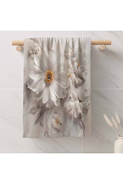 Else Dekor White Floral Pattern Decorative Washable Cotton Bathroom Kitchen Oven Hand Towel