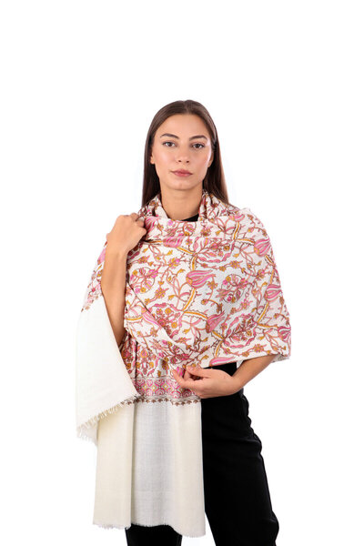 Bursa İpek Cream Pink Tulip Pattern Embroidered Wool Shawl