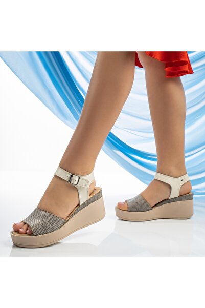 BMoD Sandale cu platformă pentru femei din piele cu imprimeu alb și gri MOD13606