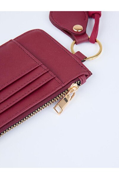 Jimmy Key Bordo Deri Görünümlü İp Detaylı Fermuarlı Cüzdan