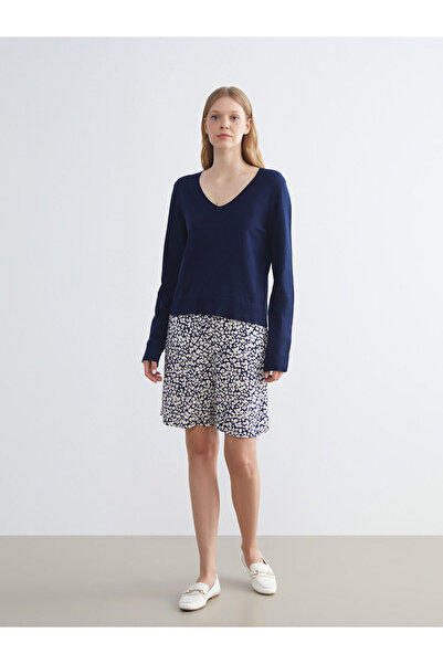 LC Waikiki Navy Blue Patterned Women's Shorts with Elastic Waist