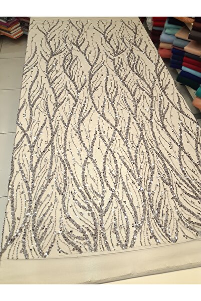 Safir Kumaş Taş Ve Boncuk İşlemeli Dantel Gümüş Gri Top Sonu 1.50 Metre