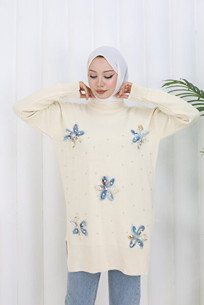 benguen Πλεκτό Τούνικ με λουλούδια S3010 Χρώμα πέτρας