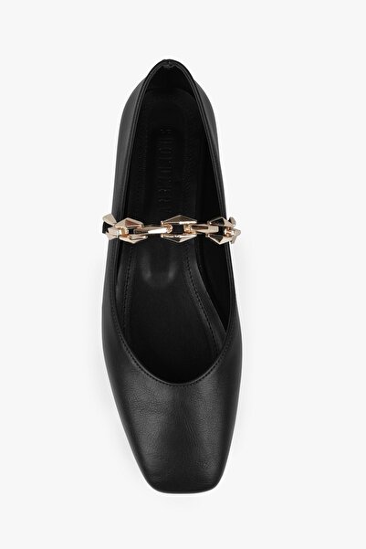 Shoeberry Women's Noris Black Leather Ballerinas with Chain Detail