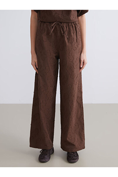 LC Waikiki Brown Elastic Waist Patterned Wide Leg Women's Trousers