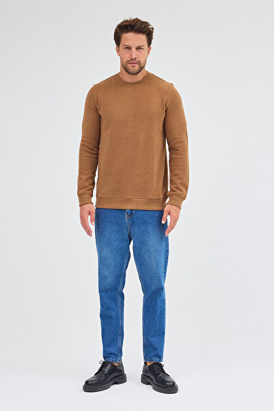 İmza Ανοιχτό καφέ μακρυμάνικο φούτερ με λαιμόκοψη από απλό βαμβάκι Comfort Fit 1013255150