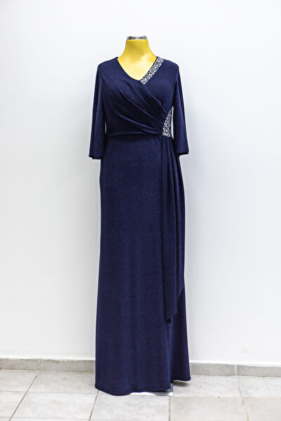 GÖKMEN GİYİM Simli V Yaka Taş Detaylı Abiye Elbise 2539