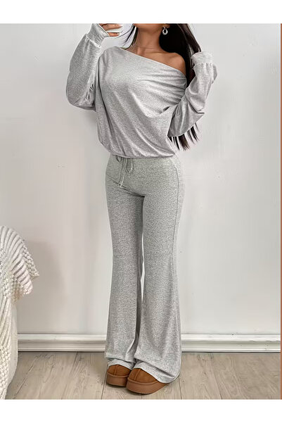 Keywest Women's Boat Neck Pleated Blouse Spanish Leg Sweatpants Set