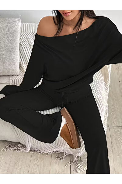 npLStore Bluză plisată cu gât barcă pentru femei Pantaloni de trening cu pici...