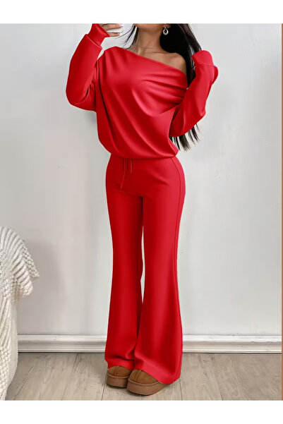 npLStore Women's Boat Neck Pleated Blouse Spanish Leg Sweatpants Two-Piece Bottom Top Set