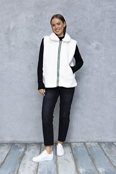 GİYSA Women's Stand Collar Zippered Double Pocket Plush Vest Light Green - 6807