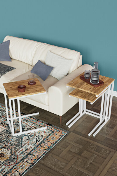 hediye kapında "Sienna" 3'lü C Zigon Sehpa Beyaz Metal