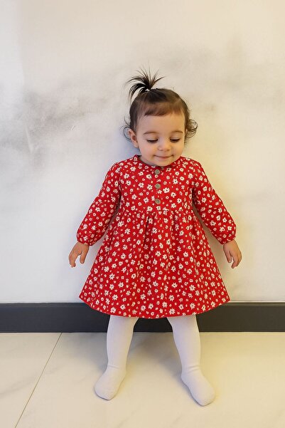 İME TİCARET Baby Girl Children's Floral Red and Pink Colored Dress Casual Holiday Dress
