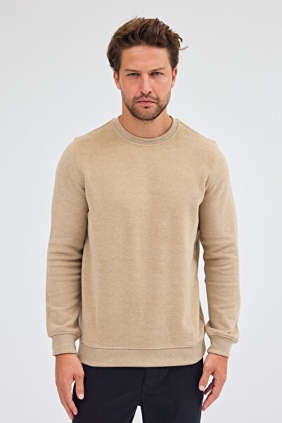 İmza Σκούρο μπεζ μακρυμάνικο φούτερ με λαιμόκοψη από απλό βαμβάκι Comfort Fit 1013255150