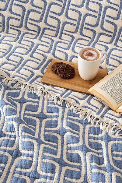 Denizli Concept لحاف موسلين بلون أزرق وأبيض من بيرج - لحاف مزدوج ناعم - محشو بالألياف 220x240 سم