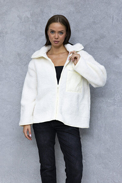 GİYSA Дамско палто с яка, цип и един джоб, плюшено, бяло - 55446