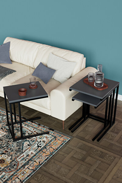 hediye kapında "Sienna" 3'lü C Zigon Sehpa Siyah Metal