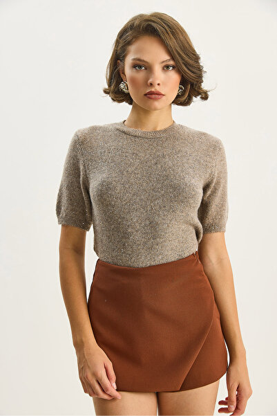 Bianco Lucci Kadın Bisiklet Yaka Pul Detaylı Yaldızlı Kısa Kollu Basic Triko Bluz 4818 60283581