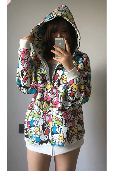 Touz Moda Cardigan unisex cu supradimensionat fermoar cu caracter Sanrio cu glugă