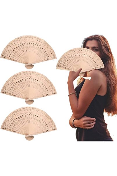 Generic مروحة خشبية قابلة للطي، عبوة من 3 قطع، بنمط نجمة وقمر، مروحة خشبية قابلة للطي، مروحة يدوية قابلة للطي مصنوعة من خشب الصندل