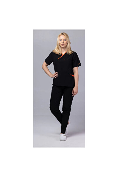 OEM PREMIUM ONYX Премиум дамски медицински костюм, черен с оранжева подплата