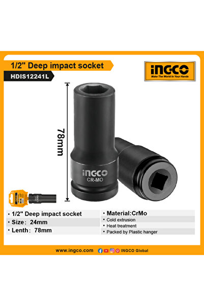 Ingco 1/2" Deep Impact Socket HDIS12241L – Heavy-Duty Chrome Vanadium Socket for High-Torque Impact
