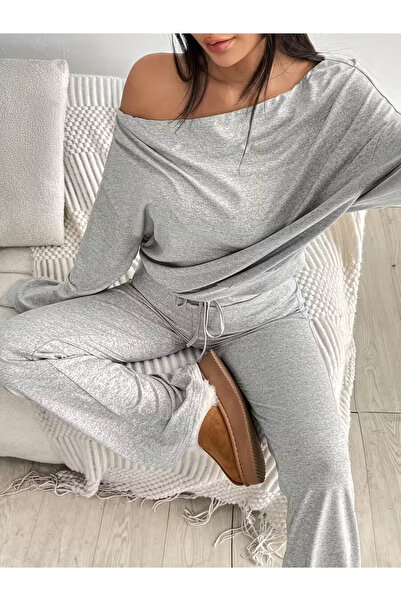 npLStore Women's Boat Neck Pleated Blouse Spanish Leg Sweatpants Two-Piece Bottom Top Set