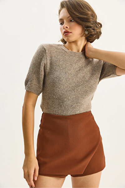 Bianco Lucci Kadın Bisiklet Yaka Pul Detaylı Yaldızlı Kısa Kollu Basic Triko Bluz 4818 60283581