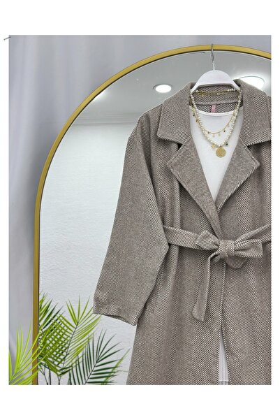 YEDİLALE Baliksirti Patterned Belted Coat Without Lining 100 cm Medium [S(36/38) M(40) L(42/44) Compatible]