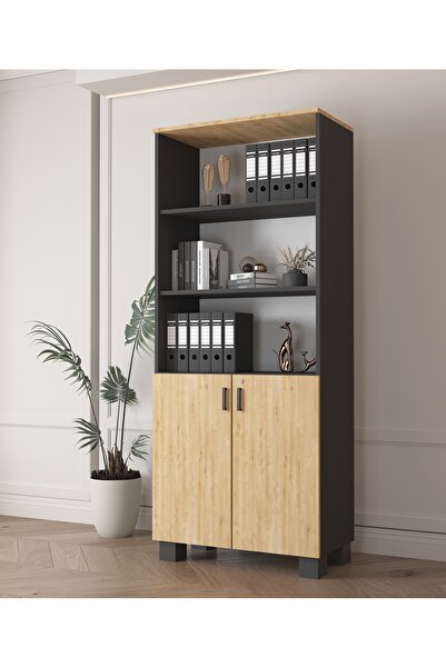 ESYAH Antrasit Safir Meşe 2 kapaklı Kilitli Ofis Dolabı Modern Çok Amaçlı
