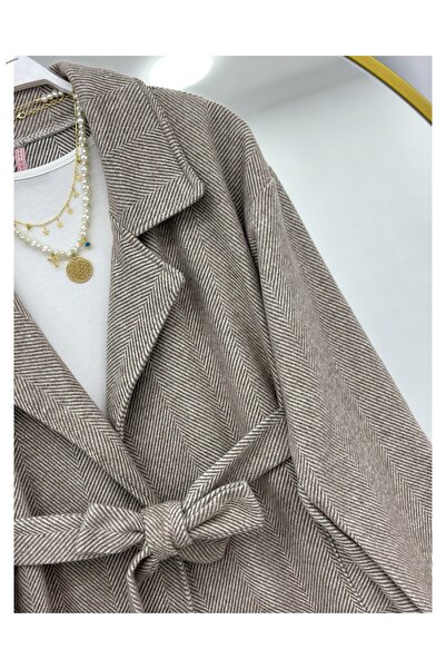 YEDİLALE Baliksirti Patterned Belted Coat Without Lining 100 cm Medium [S(36/38) M(40) L(42/44) Compatible]