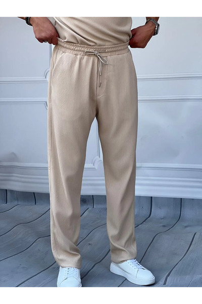 MODEFENDİ Men's Cream Elastic Waist Lace-Up Thick Wicking Pattern Jogger Pants