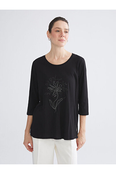 LC Waikiki Siyah Bisiklet Yaka Çiçek Nakışlı Bluz