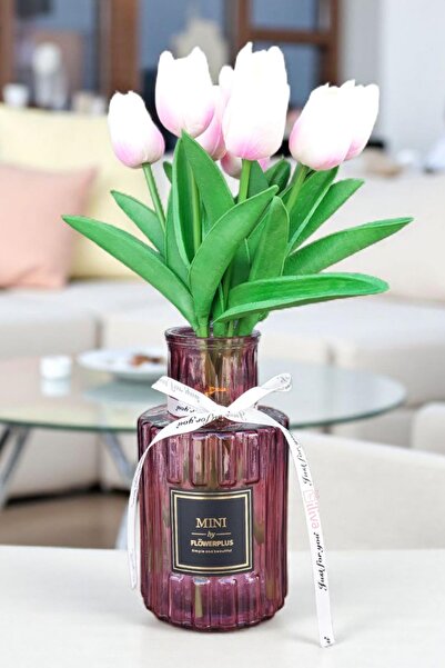 İLİVA Bordo Cam Vazo-Ribben Tasarım Ve Flowerplus Etiketli,Beyaz Kurdeleli Dekoratif Tasarım,Masaüstü,Ofis