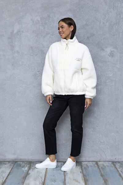 GİYSA Дамско палто с висока яка, двойни джобове и цип, от флийс, бяло - 5194