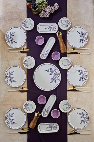 Erbaşlar 21 Parça Lila Sakura Lüx Seramik 6 Kişilik Kahvaltı Takımı, Seti (1)