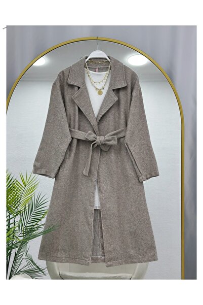 YEDİLALE Baliksirti Patterned Belted Coat Without Lining 100 cm Medium [S(36/38) M(40) L(42/44) Compatible]