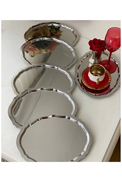 BİMOTE 6Pcs Luxury Oval Silver 20X25 Stainless Steel Coffee, Presentation Tray
