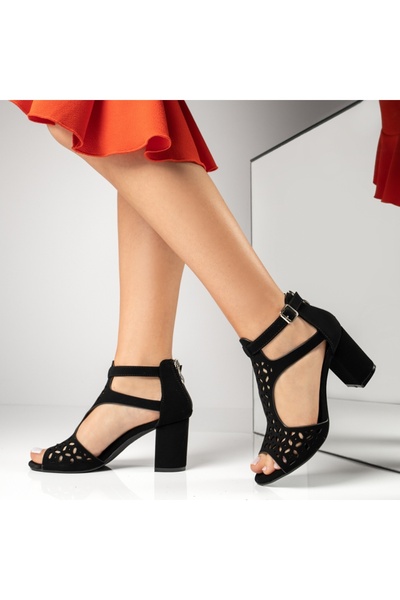 Modlet.ro Sandale negre pentru femei din piele întoarsă cu toc bloc și fermoa...