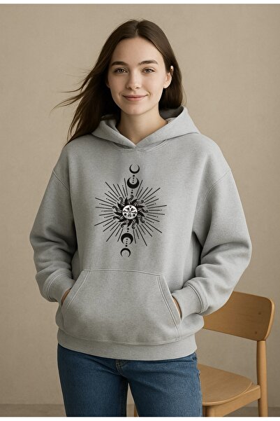 FUFLUNS Hanorac cu glugă unisex supradimensionat cu imprimeu solar pentru fem...