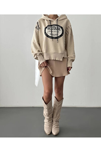 Myra Oversized Sweatshirt with Ripped Detail and Text Print Stone