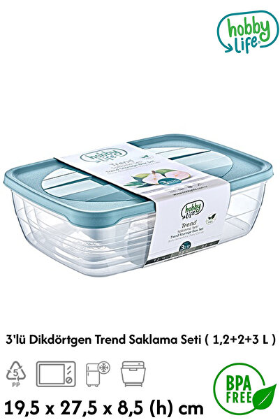 Plodna House 3-Piece Rectangular Trend Storage Set (1 Pcs 1.2 L - 1 Pcs 2L - 1 Pcs 3 L)