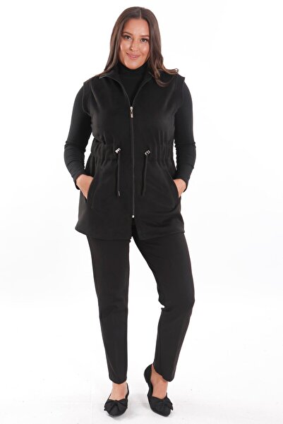Metpoint Trend42Plus Plus Size Suede Black Vest with Elastic Waist and Pocket Detail