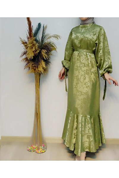 afran collection SATEN ELBİSE BELDEN KUŞAKLI ALTTAN VOLANLI