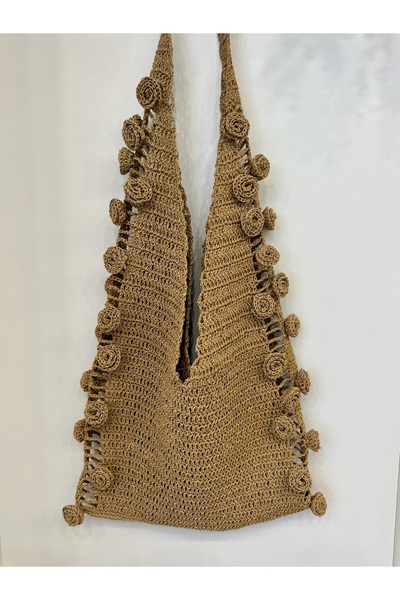 YELİZ HANDMADE El örgüsü hasır çanta gül motifli kâğıt ip çanta