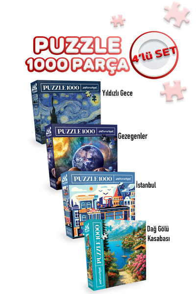 Neverland 4 ADET 1000 PARÇA PUZZLE -DAĞ GÖLÜ KASABASI VE YILDIZLI GECE VE GEZ...